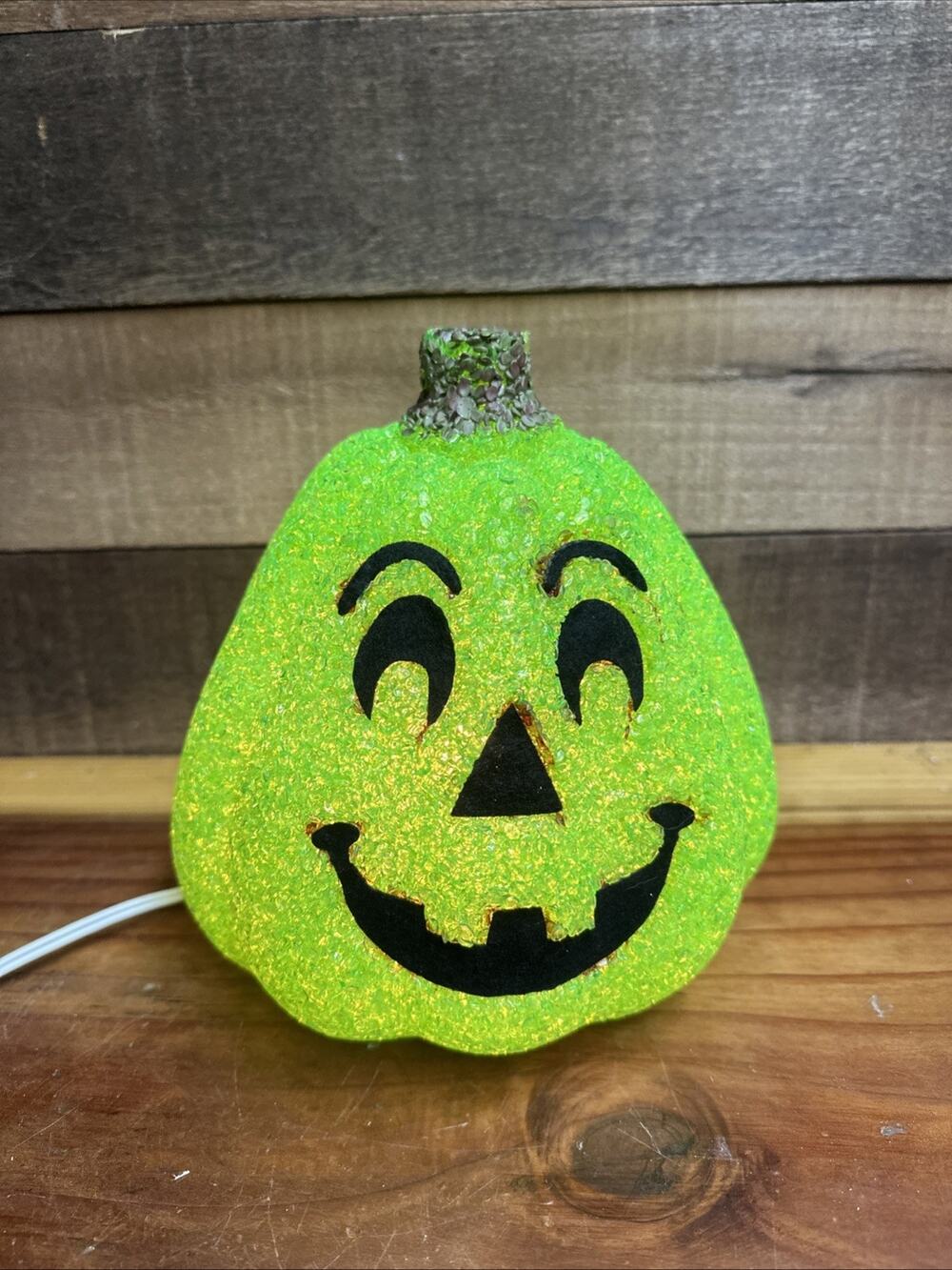 Seasons Melted Plastic Popcorn Green Pumpkin Light Up Halloween 8" -b